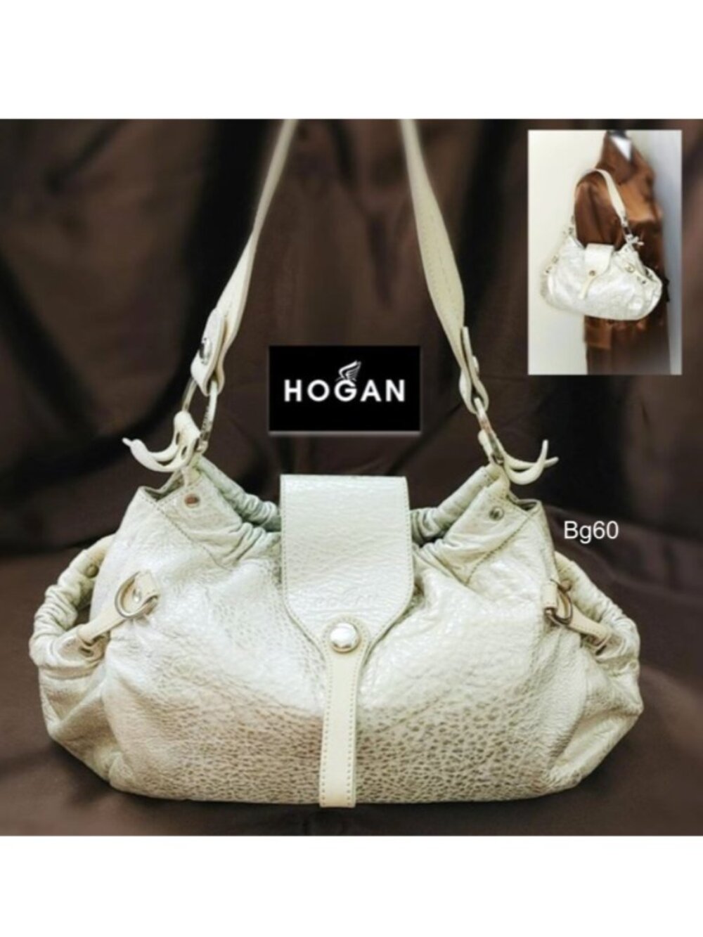 HOGAN Italy Creamy Beige Silver Metallic Hobo Slouchy Leather Shoulder Large Bag